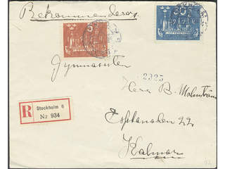 Sweden. Facit 201, 196 cover , 5+30 öre on registered cover sent from STOCKHOLM 6 …
