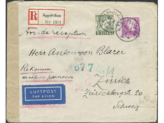 Sweden. Facit 350, 351A on cover, 5+120 öre on censored registered air mail cover with …