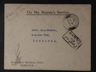 Dominica. Cover, O.H.M.S. Government envelope sent from Dominica to BARBADOS 12.DE.38. …