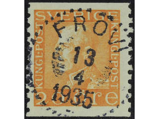 Sweden. Facit 181 used , 20 öre orange. EXCELLENT cancellation FRÖVI 13.4.1935. Two …