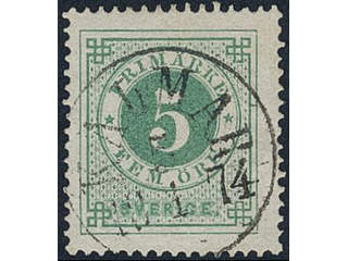 Sweden, Sverige, Sverige, Sverige. Facit 19b used, 5 öre light bluish green on white …