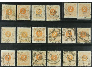 Sweden. Facit 40 used , 2 öre yellow, eighteen used copies. Shades, varieties, …