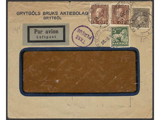 Sweden. Air mail cover Facit 143A, 177A, 192 , 5+2×15+50 öre on insufficiently prepaid …