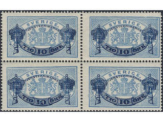 Sweden. Official Facit Tj25 ★★ , 10/12 öre blue in mnh block of four. SEK 1000