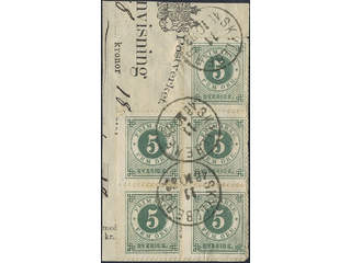 Sweden. Facit 30, T county. SKYLLBERG 11.10.1883. Block of five on cut piece.
