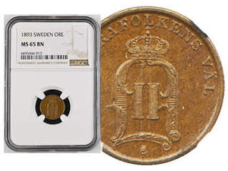 Coins, Sweden. Oskar II, MIS III.18, 1 öre 1893. Excellent lustrous example. Graded by …