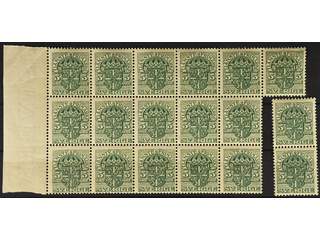 Sweden. Official Facit Tj30vm ★★ , 5 öre green inverted watermark crown in a block of 16 …
