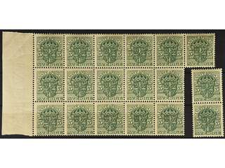 Sweden. Official Facit Tj30vm ★★ , 5 öre green inverted watermark crown in a block of 16 …