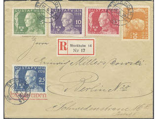 Sweden. FDC Facit 226–30 , 1928 Gustav V 70 years SET (5) on registered FDC to Germany …