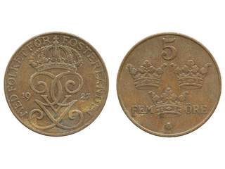 Coins, Sweden. Gustav V, MIS I.18, 5 öre 1927. Key date. 1/1+.