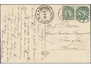 China, Incoming mail. Michel 79 on cover, Sweden. 2x5 öre on postcard sent from GÖTEBORG …