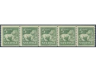 Sweden. Facit 140A ★★ , 5 öre green, type I, perf on two sides in strip of five.