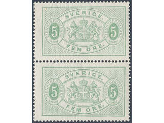 Sweden. Official Facit Tj3a ★, 5 öre bluish green, perf 14 in fresh pair. SEK 3000