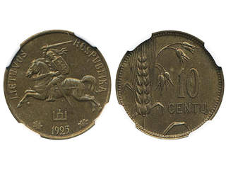 Coins, Lithuania. KM 73, 10 centu 1925. Graded by NGC as AU58. XF.