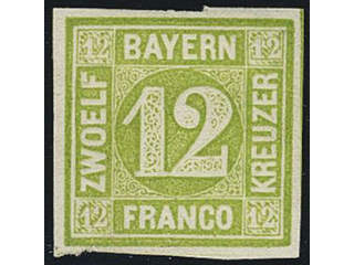 Germany Bavaria. Michel 12 or Scott 13 (★) , 1862 Numerals 12 Kr yellow-green. EUR 120