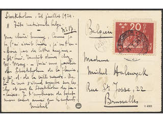 Sweden. Facit 199 cover , 20 öre on postcard sent from STOCKHOLM 21.7.24 to Belgium.