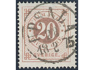 Sweden. Facit 22e used , 20 öre brownish red. EXCELLENT cancellation UPSALA 28.8.1875.
