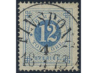 Sweden, Sverige, Sverige, Sverige. Facit 21b used, 12 öre dull ultramarine-blue on …