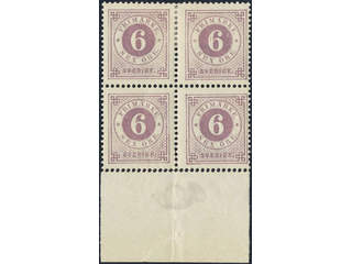 Sweden. Facit 44 ★★/★, 6 öre violet in block of four with the lower sheet margin with …
