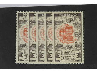 Monaco. Michel 496 ★★, 1955 Monte Carlo Rally 100 Fr, five copies. Block of four. EUR 500