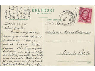 Sweden. Facit 54 cover , 10 öre on postcard sent from PLK 426D 31.3.1910 to Monaco. …