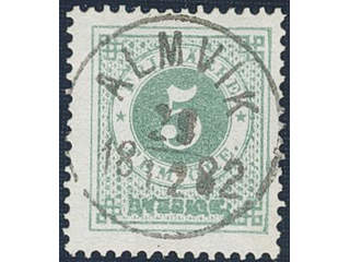 Sweden. Facit 30e used, 5 öre pale bluish green. EXCELLENT cancellation ALMVIK 29.12.1882.