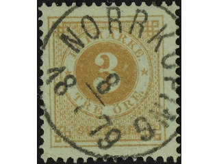 Sweden. Facit 28d used , 3 öre yellow-brown. Superb cancellation NORRKÖPING 8.7.1879.