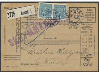 Sweden. Facit 167 cover , 2x90 öre on address card for bulky parcel, sent from MALMÖ 1 …