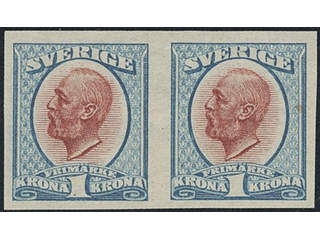 Sweden. Facit 60P (★), Proof type P, light blue/brownish red in PAIR. Superb.