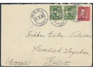 Sweden. Facit 143A, 177a cover , 2x5+15 öre on cover sent from MORA 17.3.32 to Egypt. …