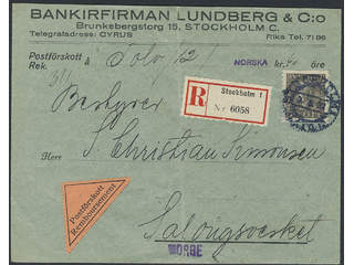 Sweden. Facit 192 cover, 50 öre, single usage, on registered cash on delivery cover sent …