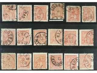 Sweden. Facit 16 used , 20 öre red, eighteen used copies. Shades, varieties, …