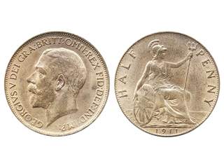Coins, Great Britain, England. George V, Spink 4056, 1/2 penny 1911. Red uncirculated. …