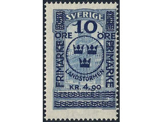 Sweden. Facit 125 ★★, 1916 Landstorm II 10+4,90 / 5 kr blue. Very fresh. SEK 1800