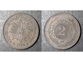 Uruguay 2 centesimos 1869, AU/UNC