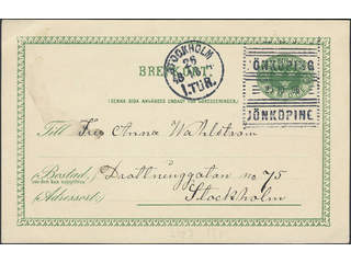 Sweden. Facit bKe7, F county. JÖNKÖPING 25.10.1896. Roller postmark type 3 on postcard 5 …