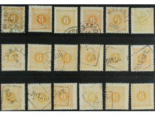 Sweden. Postage due Facit L14 used , 6 öre yellow, perf 13, seventeen used copies and …