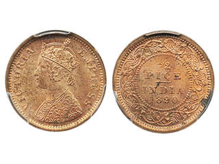 Coins, India. Queen Victoria (1837-1901), KM 484, 1/2 pice 1890. Calcutta mint. Graded …
