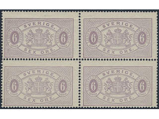 Sweden. Official Facit Tj4e ★★, 6 öre lilac, perf 14. Block of four with three MNH …