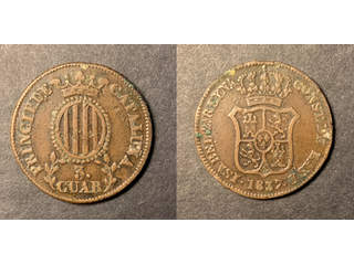 Spanien - Barcelona 3 cuartos 1837, VF-XF, litet ärg