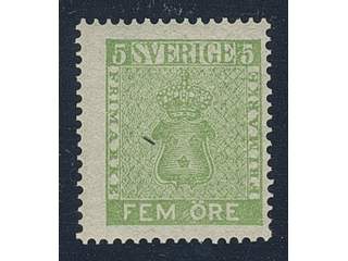 Sweden. Facit 7f2 ★★ , 5 öre light yellow-green, perforation of 1872. SEK 4500