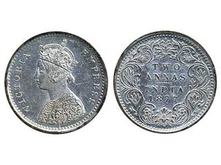 Coins, India. Queen Victoria (1837-1901), KM 488, 2 annas 1877. Bombay mint. Lustrous …