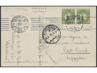 Sweden. Facit 79 cover , 2×5 öre on postcard sent from STOCKHOLM 22.1.13 to Egypt, "via …