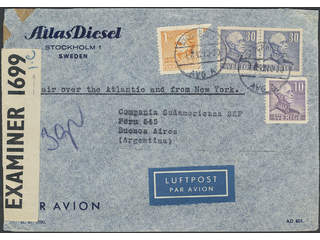 Sweden. Air mail cover Facit 334, 273A, 279 , 10+2x30 öre + 1 kr on censored air mail …