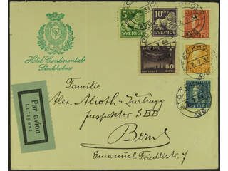 Sweden. Facit 232, 143A, 146A, etc. cover , 5+10+15+20+25+50 öre on beautiful air mail …