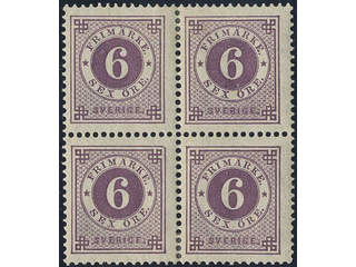 Sweden. Facit 44c ★, 6 öre dark red-lilac in very fine block of four. SEK 1000