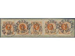 Sweden, Sverige, Sverige, Sverige. Facit 40c used, 2 öre reddish orange. Strip of five …