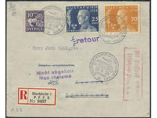 Sweden. Air mail cover Facit 145A, 229, 230 , 10+20+25 öre on registered air nail cover …
