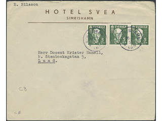 Sweden. Facit 266CB cover , 1938 80th Birthday of King Gustaf V 5 öre green, pair 4+3. …