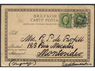 Sweden. Facit 52 cover , 2×5 öre on postcard sent from STOCKHOLM 22.10.1902 to Uruguay, …